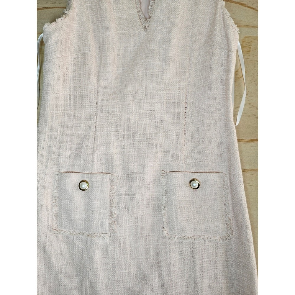 Karl Lagerfeld Paris Pink Tweed Sheath Dress Pearl Button Fringe Trim Size 6 - Picture 5 of 16